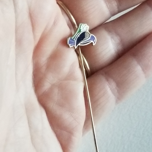 Vintage bird stickpin stick pin purple black enamel gold tone flower - Picture 6 of 8